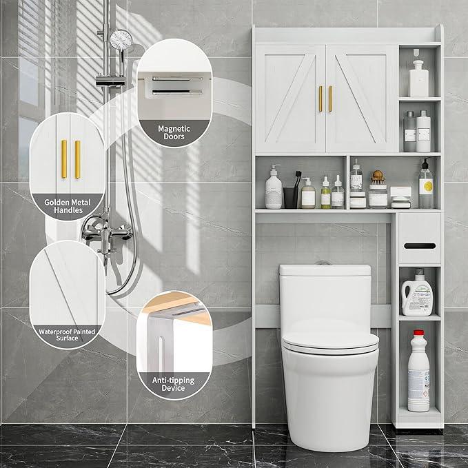 Farmhouse Over The Toilet Storage Cabinet with 2 Doors & 7 Shelves - Rustic Bathroom Cabinet Organizer Storage for Bathroom, Laundry - ModernBath