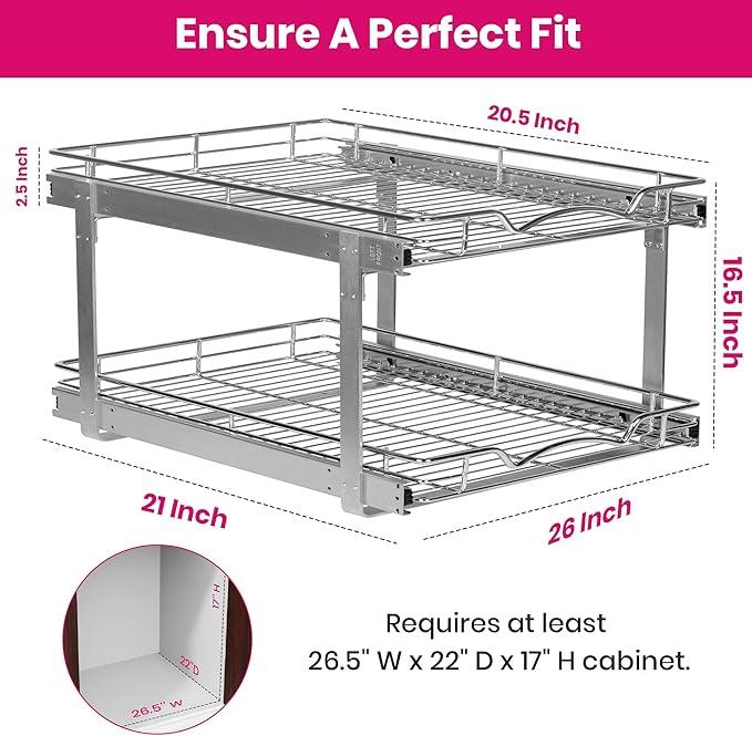 HOLDN’ STORAGE Two Tier Pull Out Cabinet Organizer, Individual Sliding Drawers - Heavy Duty Metal with Lifetime Limited Warranty - Anti Rust Chrome Finish - 26" W x 21”D x 16.5" H - ModernBath