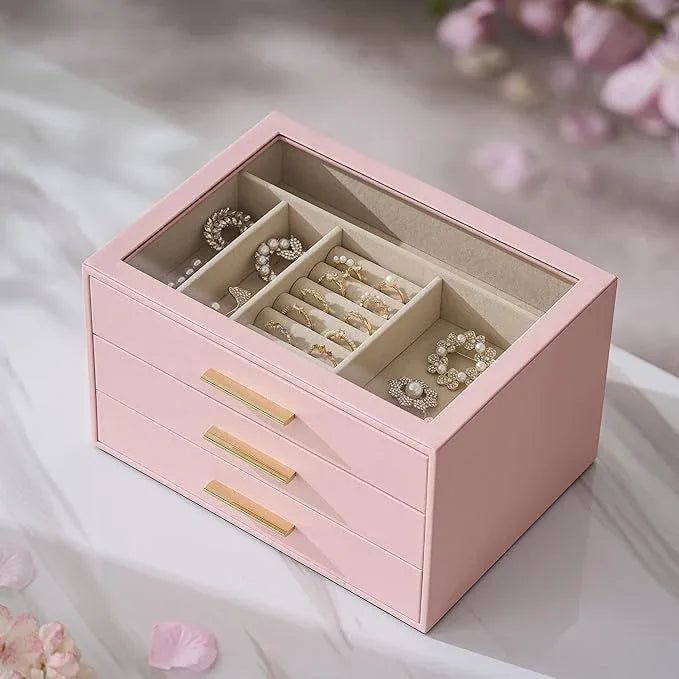 pickpiff Jewelry Box Organizer Case for Women: 3-Layer Jewelry Storage Case with Glass Window, Pink Leather with Velvet Holder for Ring Necklace Bracelet Brooch Watch, Great Gift for Her - ModernBath