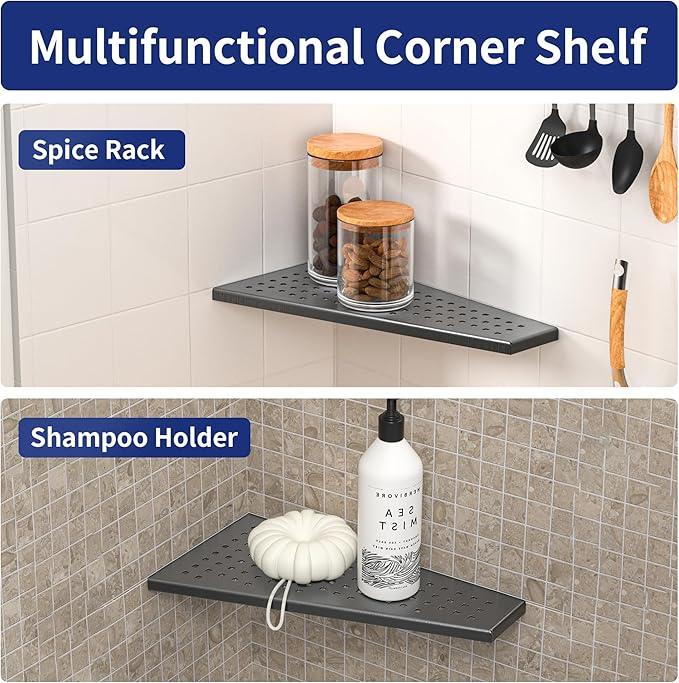 Corner Shower Shelf, 12" Trapezoid Grout in Shelf 304 Stainless Steel Grid Design Recessed Bathroom Shelf for Tiled Wall (Gunmetal, 12"-2 Pack) - ModernBath