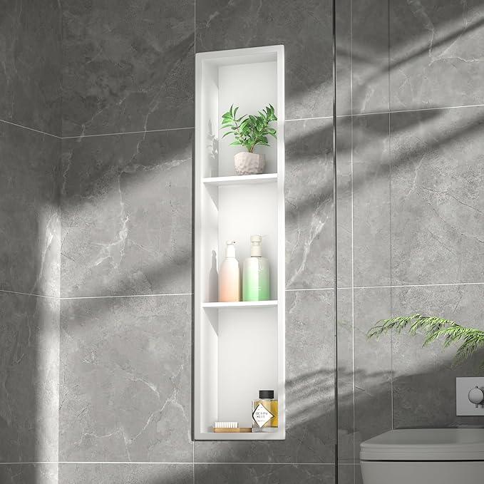 Stainless Steel Shower Niche 36" X 8" White No Tile Needed Niche Shower with 3-Tiers Shelf for Bathroom Storage Recessed Wall Niches Bathroom Shelf Over Mount Installation - ModernBath