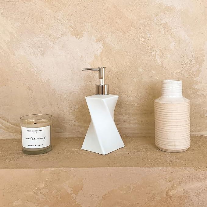 Modern White Soap Dispenser with Silver Pump for Bathroom and Kitchen, Contemporary Art Style, Matte Finish, Rust Proof, 8.5oz (Arctic White) - ModernBath