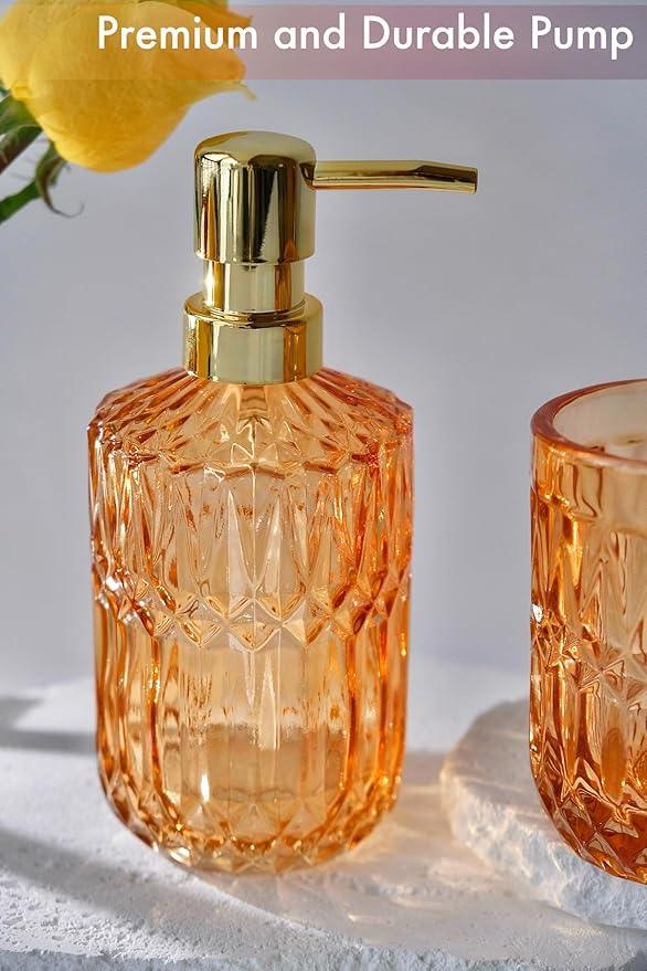 LaMarriti Orange Bathroom Accessories Set, 5Pcs Clear Glass Bathroom Set, Lotion Soap Dispenser, Soap Dish, Tumbler, Toothbrush Holder Set, Qtips Holder for Vintage Bathroom Decor, Gift Set - ModernBath