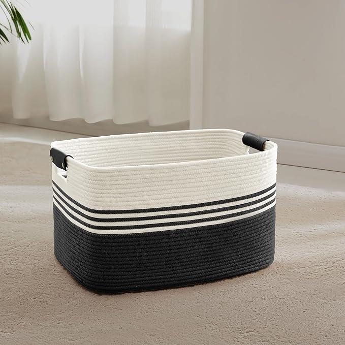45L Small Laundry Basket with Leather Handles for Living Room Storage, Woven Rope Baskets Bin for Blanket, Kids Toy, Gifts, Wicker Hamper for Bedroom Dirty Clothes, 18"x14"x11" White Black - ModernBath