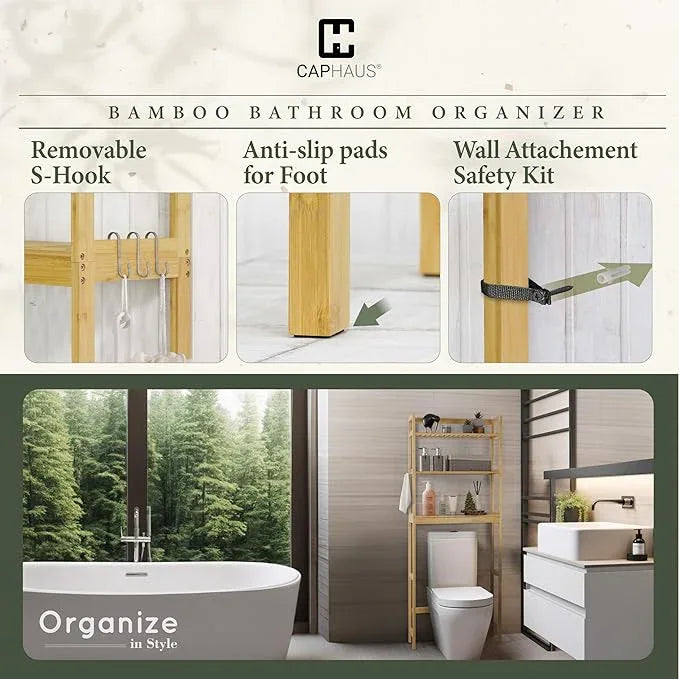 CAPHAUS Over The Toilet Storage Shelf,3-Tier Bathroom Organizer Shelf Rack Over Toilet with Hooks & Adjustable Feet,Freestanding Toilet Shelf, Bathroom & Laundry Organizer,Balcony Plant Stand, White - ModernBath