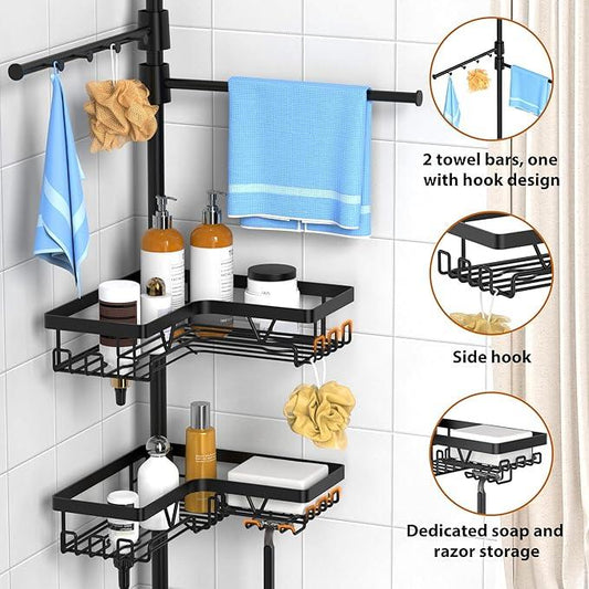 KEGII Black Shower Caddy Tension Pole with 2 Towel Bars, Adjustable Corner Bathroom Organizer, Rustproof Bathtub Storage Shelves for Shampoo, 25–114.2 Inch Shower Corner Rack for Renters & Family - ModernBath