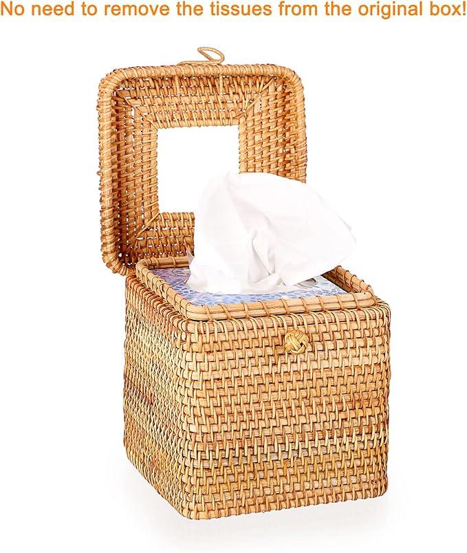 Sumnacon Tissue Box Cover Square Tissue Box Rattan Tissue Box Holder with Hinged Top Lid, Wicker Tissue Holder for Bathroom Toilet Living Room Kitchen Office Table Desk, Yellow - ModernBath