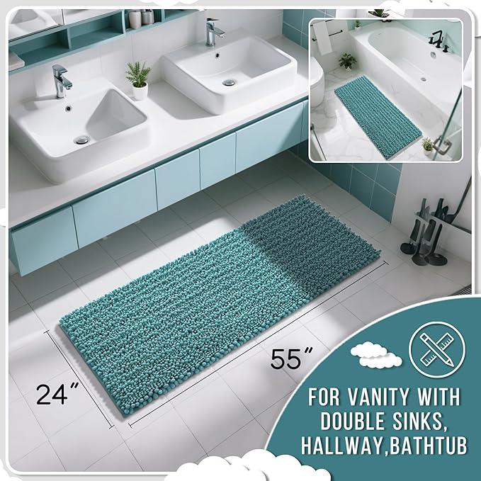 Yimobra Bathroom Runner Rug 55x24 Inch - Extra Long Non Slip Chenille Bath Mat, Soft & Absorbent, Machine Washable Shaggy Hallway Carpet for Vanity Tub Shower, Teal Blue Home Decor Accessories - ModernBath