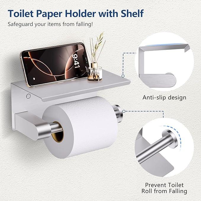 TQKAG 5 Piece Bathroom Towel Bar Holder Sets Brushed Nickel Bathroom Hardware Set Stainless Steel Toilet Paper Holder with Shelf Bathroom Accessories Kit Wall Mounted - ModernBath
