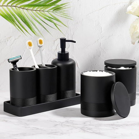 Bathroom Accessories Set, 6-Piece Bathroom Accessory Set, Toothbrush Holders Set, Soap Dispenser, Vanity Tray, Tumbler, Cotton Swab Jars, Bathroom Organizer for Modern Bathrooms(Matte Black) - ModernBath