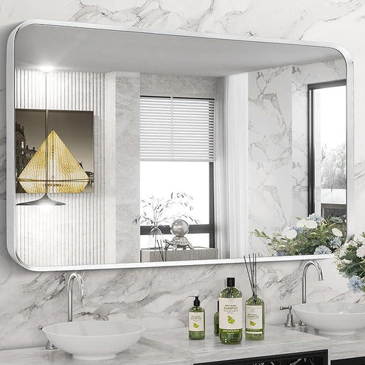 Minuover Brushed Nickel Bathroom Wall Mirror, Silver Metal Framed Large Rounded Corner Rectangle Mirror, Tempered Glass, Shatter Proof, Hangs Horizontally or Vertically (30" x 55", Silver) - ModernBath
