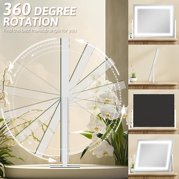 ROLOVE Vanity Mirror with Lights 22"x18", Lighted Makeup Mirror with 10X Magnification, Smart Touch 3 Colors Dimmable, 360° Rotation, Women Gift, Dresser Mount, Bathroom (White) - ModernBath