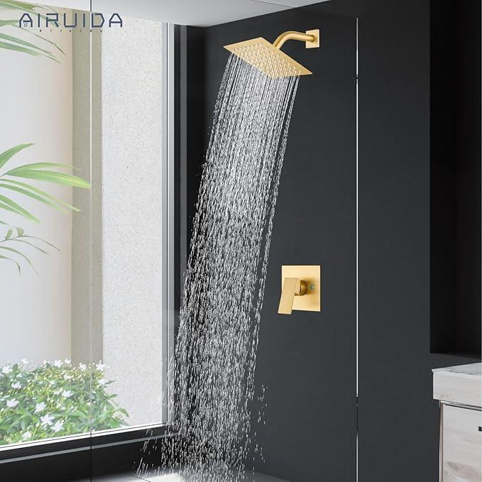 Airuida Shower Faucet Set Bathroom Rain Shower System SUS304 Stainless Steel Single Handle With Male Threads Rough-in Valve Shower Trim Kit 6 Inch Wall Mount Shower Head Brushed Gold - ModernBath