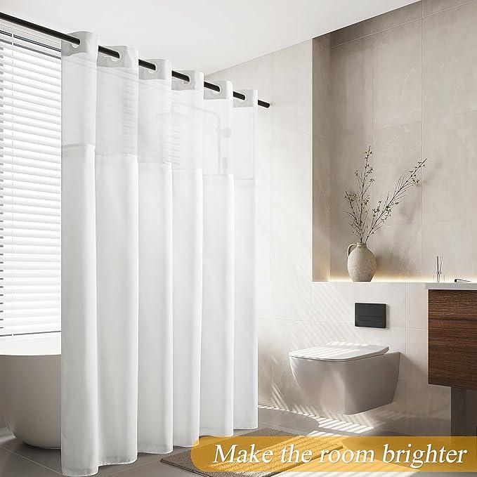 Jowels No Hooks Needed Linen Shower Curtain and Liner Set,White Hotel Luxury Decor Shower Curtains for Bathroom with See Through Top Window,Water Resistant Fabric,72Wx75L,White - ModernBath