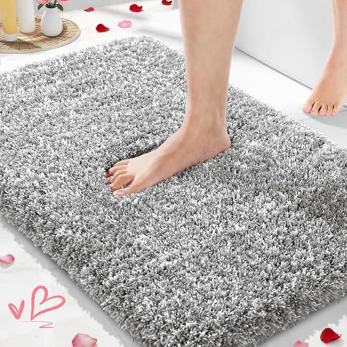 Yimobra Bathroom Rugs Non Slip Washable 32x20, Ultra Soft and Water Absorbent Bath Mats, Plush Fluffy Shower Mat Outside, Microfiber Thick Matts for Bathroom Floor/Tub, Light Gray and White - ModernBath