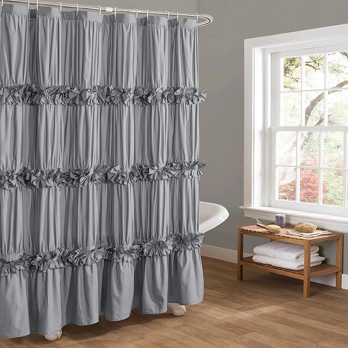 Homechoice Decor Victorian Ruffle Shower Curtain, Vintage Handcrafted Bow Tie Bath Curtain for Master Bathroom, Ruched Microfiber Bathroom Curtain with 12 Buttonholes, 72" W x 84" H, Gray (LQ-10) - ModernBath