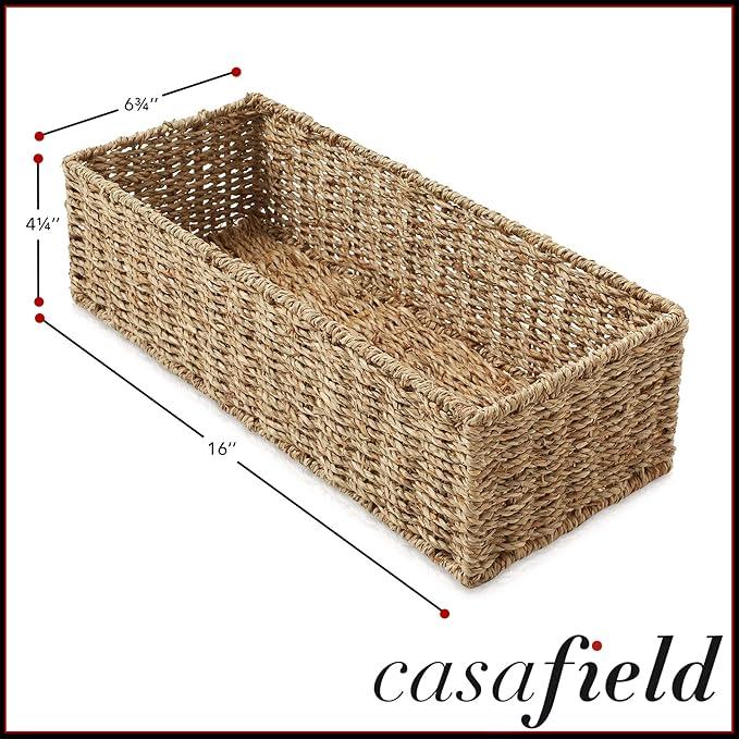 Casafield Set of 2 Bathroom Storage Baskets, Natural - Seagrass, 16" W x 6.75" D x 4.25" H, Woven Toilet Tank Topper Bins for Organizing Tissues, Toilet Paper, Toiletries, Shelves - ModernBath