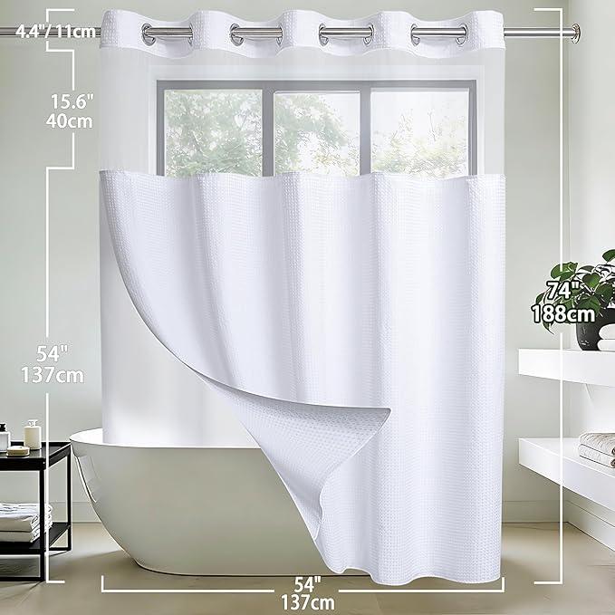 Conbo Mio Stall No Hook Waffle Weave Shower Curtain with Snap in Liner Set, Hotel Luxury White Shower Curtains for Bathroom with See Through Top Window, Waterproof, Washable 54W x 74H - ModernBath