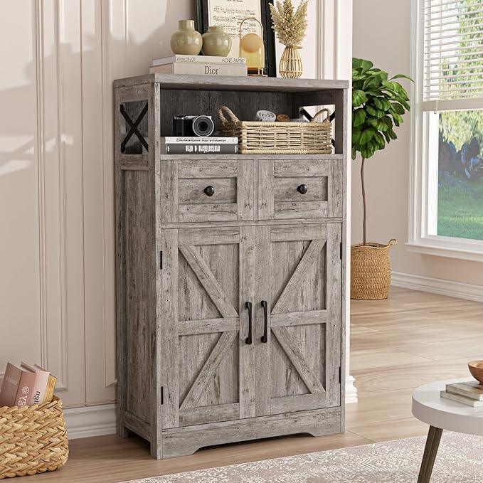 Small Farmhouse Storage Cabinet with Barn Doors, Farmhouse Kitchen Pantry Cabinet, Tall Coffee Bar with Storage, Hutch Cupboard for Kitchen, Laundry, Living Room, Washed Grey - ModernBath