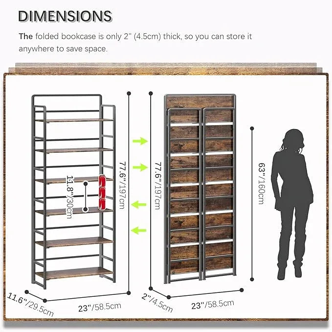 4NM No Assembly 6 Tiers Folding Bookshelf Storage Shelves Vintage Bookcase Standing Racks Study Organizer Home Office (Rustic Brown Black) - ModernBath