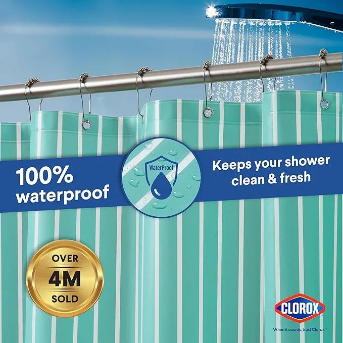 CLOROX Shower Curtain Liner, Premium Striped Medium-Weight Durable Waterproof 6g PEVA for Bathroom with Weighted Magnets, Printed Standard Size 72" x 72", Aqua - ModernBath