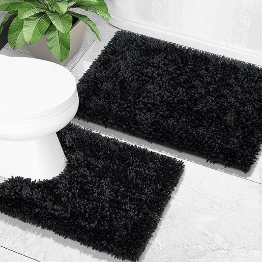 Yimobra Bathroom Rugs Sets 2 Piece, Soft Absorbent Bath Mat and U-Shaped Toilet Rug with Non Slip Backing, Luxury Shaggy Bath Mats for Bathroom, Machine Washable, 31.5"x20"+24"x20", Black - ModernBath