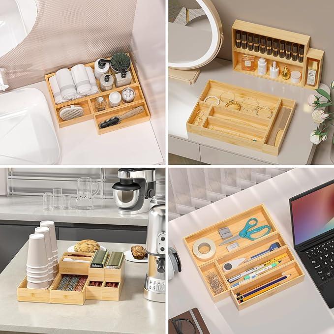 Kitchen Drawer Organizer Bins, Stackable Bamboo Deep Drawer Organizer for Silverware, Utensils, Cutlery, Flatware, Junk Drawer, Dresser, Bathroom, 15" x 6" x 2.5" (Set of 2) - ModernBath