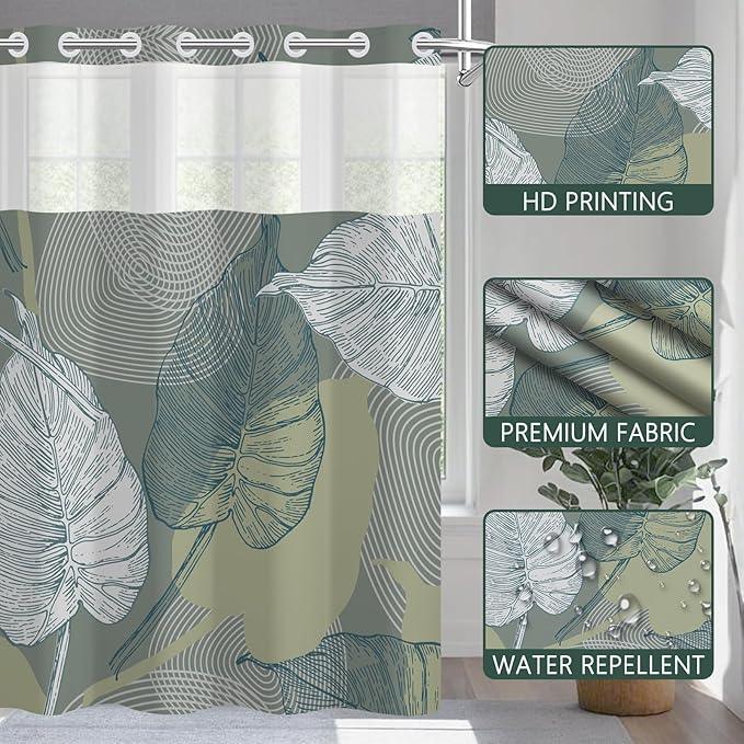 NAEMBCU No Hook Shower Curtain with Snap-in Liner, Tropical Gray-Green Watercolor Plant Bath Curtain with See Through Top, Waterproof Double Layer for Bathroom Decor, 71 x 74 Inch - ModernBath