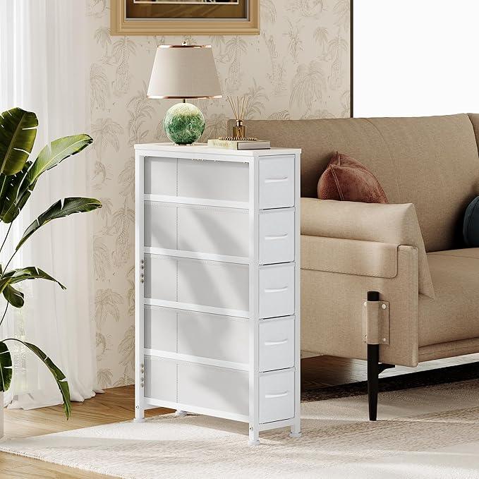 Narrow Dresser Storage Tower with 5 Drawers, Slim Dresser Chest of Drawers with Steel Frame, Wood Top, Dresser for Bedroom, Bathroom, Small Spaces, Laundry, Closet, White - ModernBath