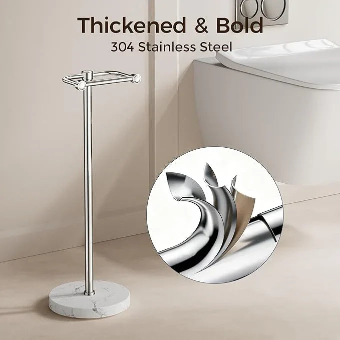 Toilet Paper Holder Stand, Bathroom Free Standing Toilet Paper Stand with Modern Marble Base, Post Pivoting Toilet Paper Stand with Stainless Steel Tissue Rack, Rust-Proof & Heavy Base(Chrome) - ModernBath