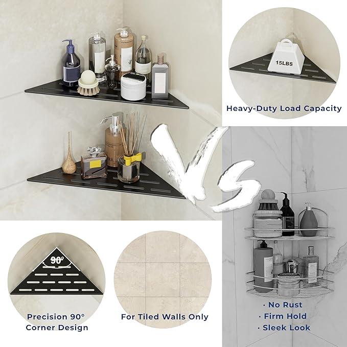 Corner Shower Caddy Shelf, Recessed Built-in Bathroom Storage for Tiled 90° Walls, Matte Black 304 Stainless Steel, Set of 2 - ModernBath