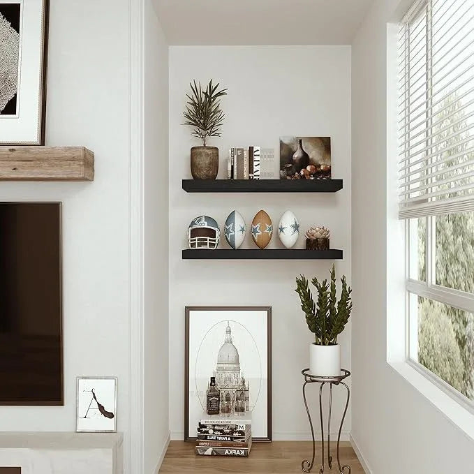Vivelove Black Floating Shelves for Wall Mounted, 24 inchs x 9.1” Deep x 1.6” Thick Wall Shelves for Bedroom, Living Room, Bathroom，Kitchen, Office, Home Decor Shelf with Invisible Bracket - Set of 2 - ModernBath