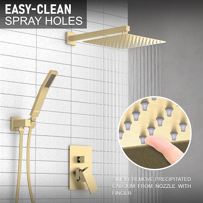 KOJOX Shower System Bathroom Luxury 12 Inch Rain Shower Head with Handheld Mixer Shower Combo Set Wall Mounted Shower Faucet Trim with Valve Brush Gold - ModernBath
