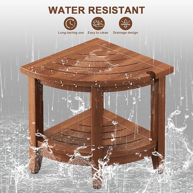 Jekruiet 18" Teak Corner Shower Stool, Inside Shower Stool with Storage Shelf, Waterproof Teak Stool for Shaving Legs and to Sit On, 2-Tier Shower Stool,Adjustable Feet, Non-Slip, Brown - ModernBath