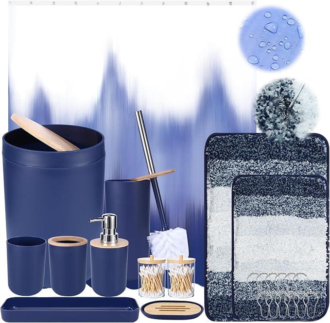 iMucci Bathroom Accessories Navy Blue Bathroom Sets with Shower Curtain and Rug, Navy Blue Ombre Waterproof Shower Curtain with Ultra Absorbent Rug Bathroom Accessories Set for Home Decor - ModernBath