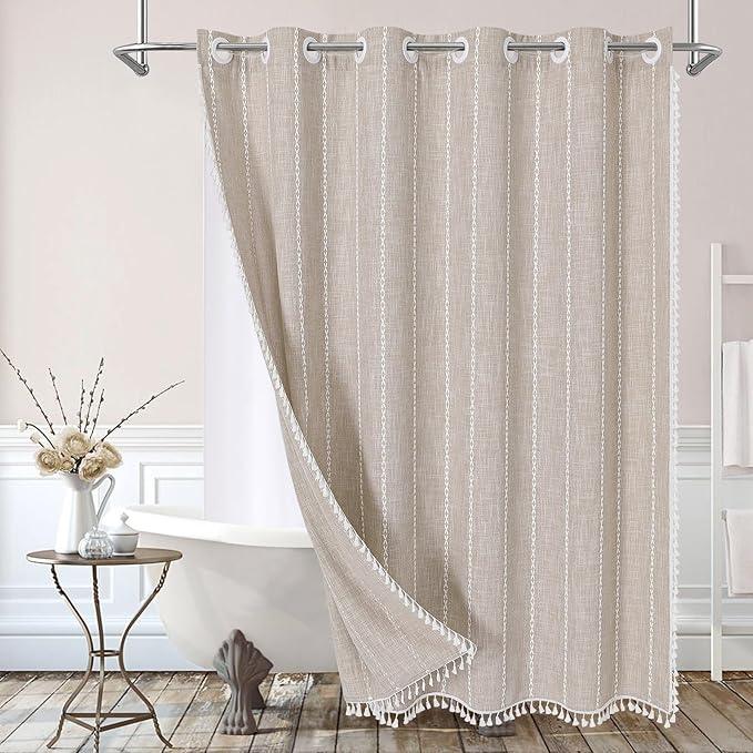 MitoVilla No Hooks Required Boho Farmhouse Shower Curtain with Snap-in Liner, Taupe Cotton Linen Fabric Shower Curtains with Tassels for Rustic Neutral Bathroom Decor,72 x 74 - ModernBath