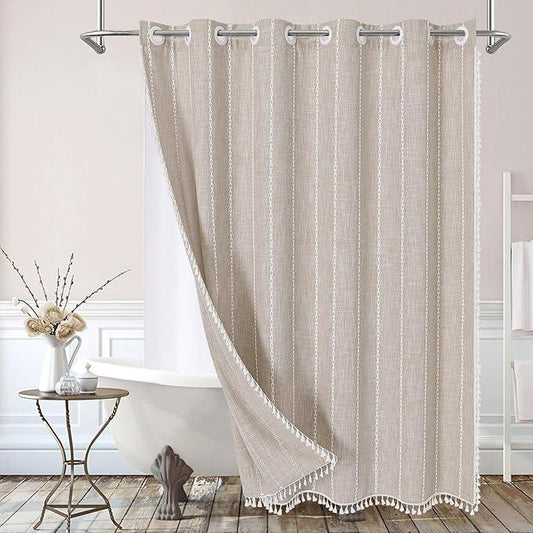 MitoVilla No Hooks Required Boho Farmhouse Shower Curtain with Snap-in Liner, Taupe Cotton Linen Fabric Shower Curtains with Tassels for Rustic Neutral Bathroom Decor,72 x 74 - ModernBath