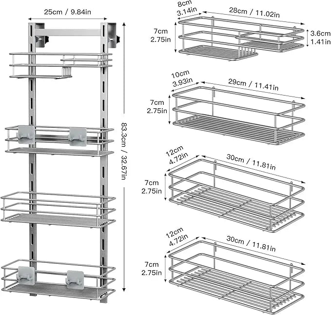 Orimade Shower Caddy Adjustable Height 4 Tier Silver,Bathroom Hanging Over the Door Organizer Shelf Rustproof with 4 Hooks,Shower Basket with Soap Holder and Suction Cup - ModernBath