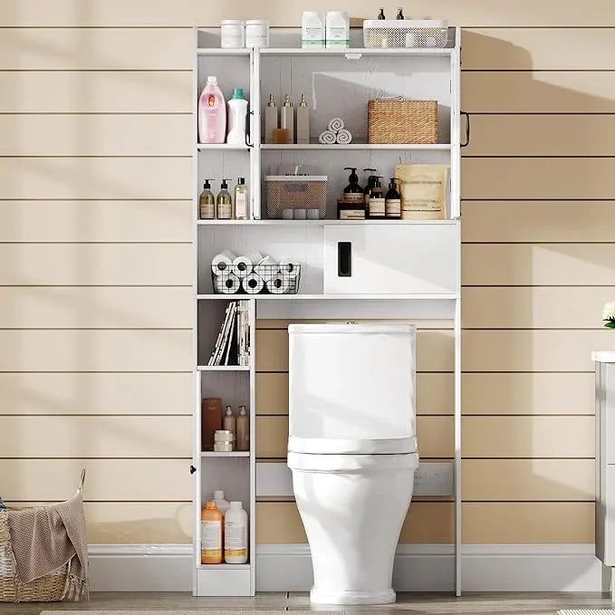 ChooChoo Over The Toilet Storage Cabinet, Farmhouse Bathroom Shelf Over Toilet with Adjustable Shelves, Above Toilet Storage Cabinet with Sliding Door for Bathroom, Laundry Room, Antique White - ModernBath