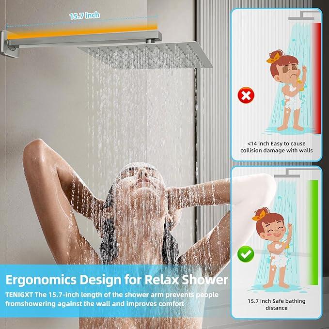 TENIGXT Bathroom Shower Faucet Set，12 Inch Rain Shower Head with Handheld Spray，Brass Shower Valve Trim Kit，Wall Mounted Square Rain Shower System (Brushed Nickel) - ModernBath