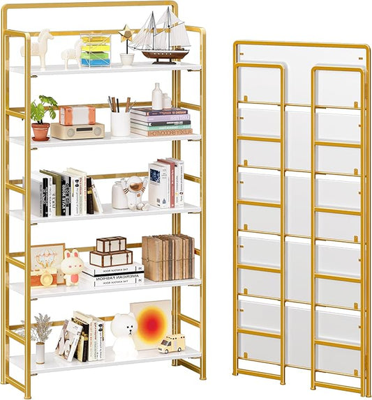 4NM No Assembly Extra Wide 5 Tiers Folding Bookshelf Storage Shelves Vintage Bookcase Standing Racks Study Organizer Home Office (White Gold)