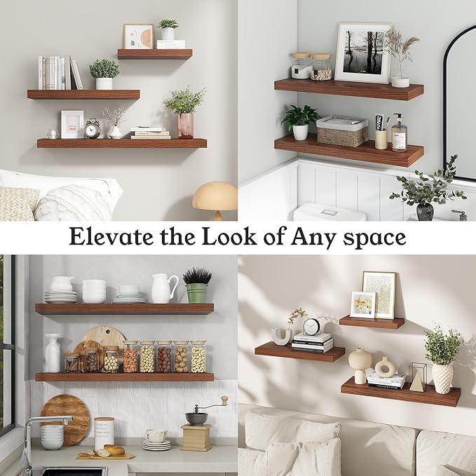Floating Shelves for Wall, Wall Mounted Rustic Wood Shelves for Bathroom, Bedroom, Living Room, Kitchen, Hanging Shelf for Books/Storage/Room Decor (Walnut, 30") - ModernBath