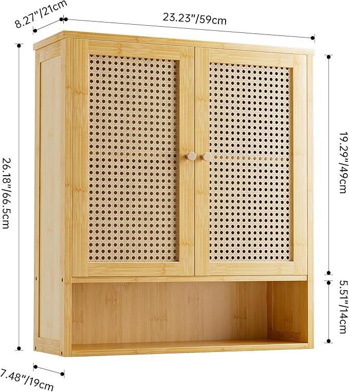 Bathroom Wall Cabinet, Bamboo Over-The-Toilet Storage Organizer with 2 Rattan Doors and Adjustable Shelf, Space Saver Medicine Cabinet for Laundry, Kitchen, Living Room (Natural) - ModernBath