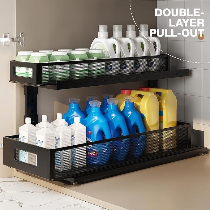 2 Pack 21.3IN-Depth Under Sink Organizer with Next-Gen Ball-Bearing Slides,2-Tier Pull Out Cabinet Storage,Height Adjustable Drawer Shelf for Bathroom,Kitchen,Laundry,Cabinet,Pantry-Black - ModernBath