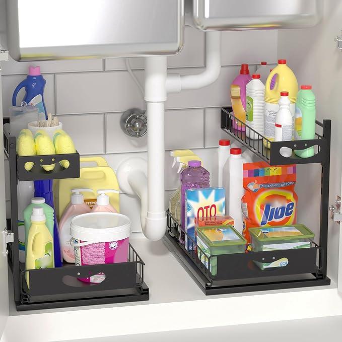 Under Sink Organizer with Pull-Out Drawers,Kitchen Sink Organizer,2 Tier Bathroom Organizers And Storage,Bathroom Accessories Set,Black 2 Pack - ModernBath