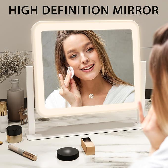 ROLOVE 14"x12"Vanity Mirror, Lighted Makeup Mirror for Vanity Desk, Smart Touch Control, 360° Rotation, 3-Color Modes, Gifts for Women, Bedroom, White - ModernBath