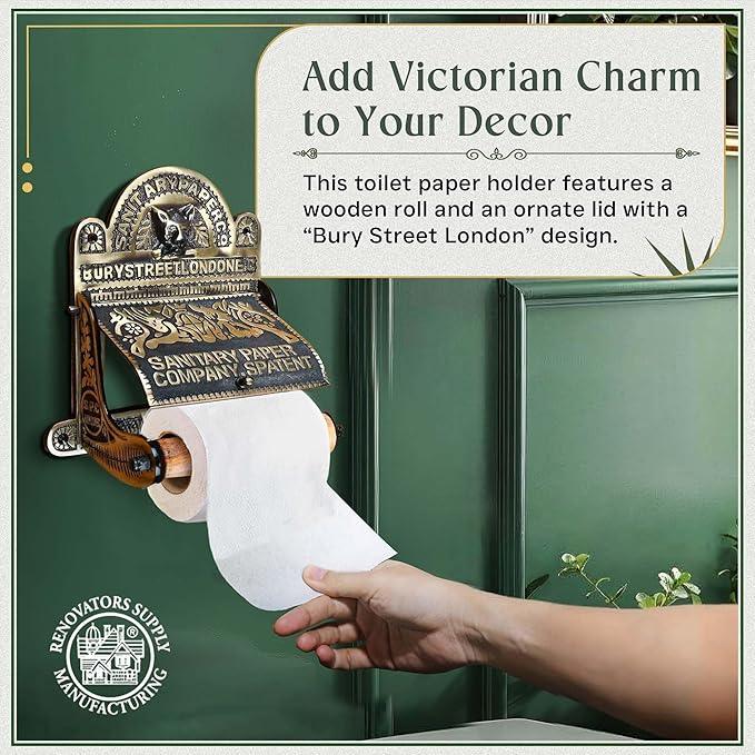 Renovators Supply Manufacturing Antique Brass Wall Mount Toilet Tissue Paper Holder 6.9" Wide Victorian Style Rust Resistant Solid Brass Bathroom Toilet Sanitary Paper Roll Holder Storage with Lid - ModernBath