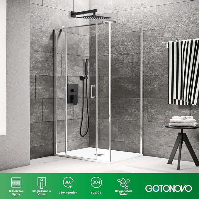 gotonovo Rainfall Bathroom Shower System Rain Shower Head and Handle Set Wall Mounted Shower Complete Combo Solid Brass Pressure Balancing Shower Mixer Valve 12 Inch Matte Black - ModernBath