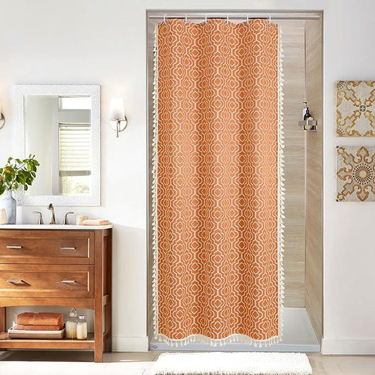 MitoVilla Orange Boho Small Stall Shower Curtain Set 36 x 72, Bohemia Geometric Half Size Narrow Cotton Fabric Shower Curtains for Farmhouse Bathroom Decor - ModernBath