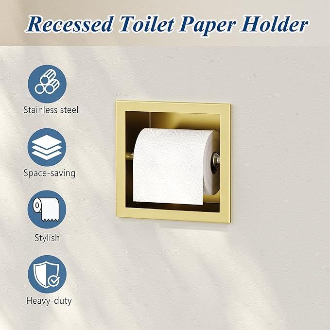 Neodrain Gold Recessed Toilet Paper Holder, 304 Stainless Steel Built-in Tissue Paper Roll Holder, Roll Paper Holder for Bathroom Wall - ModernBath